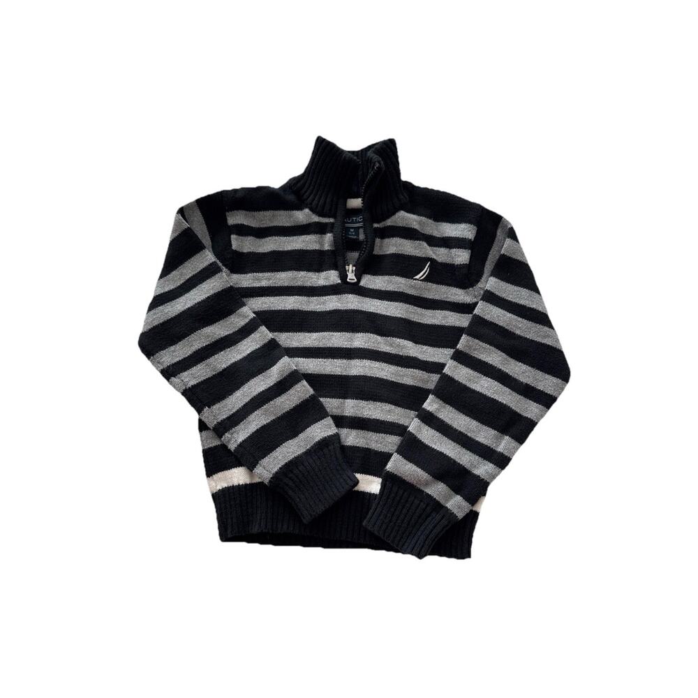 Nautica Boys Black Striped Sweater Pullover 1/4 Zip Size M 5/6